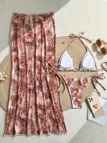 Bonvoyette Women's 3 PiecesTropical Print Bikini Set, Vacation Casual - Multicolor - View 3