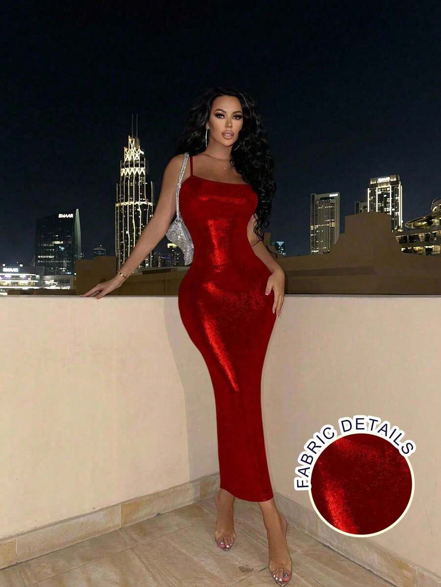 Allurite 修身吊带长裙女装 - 酒紅色 - 查看 1