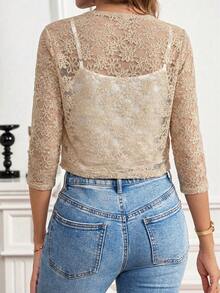 SHEIN Clasi Chaqueta regular elegante de encaje transparente con ribete de concha de unicolor - Albaricoque - Ver 2
