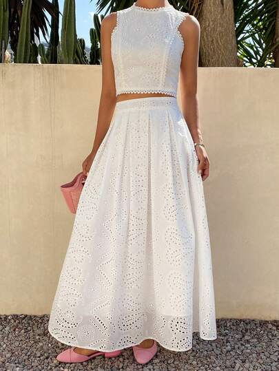 DAZY Vestido elegante francés con encaje calado y parches, sin mangas, con cintura ceñida. Conjunto de dos piezas de verano elegante y estilizador para mujeres