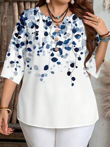 EMERY ROSE Plus Size Elegant Blue & White Leaf Print Casual Shirt, Suitable For Summer - Multicolor - View 4