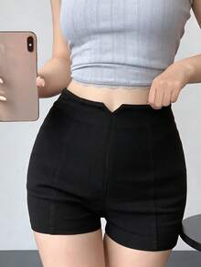 FRIFUL 女款純色修身短褲，蝴蝶結裝飾，適合日常穿著與校園穿搭 - 黑色 - 查看 2