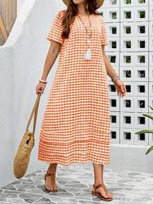 EMERY ROSE 大码女式格子圆领短袖休闲宽松连衣裙，适合野餐、沙滩、夏季穿着，橙色沙滩裙，夏季休闲连衣裙，休闲中长连衣裙，短袖夏季连衣裙 - 橘色 - 查看 6
