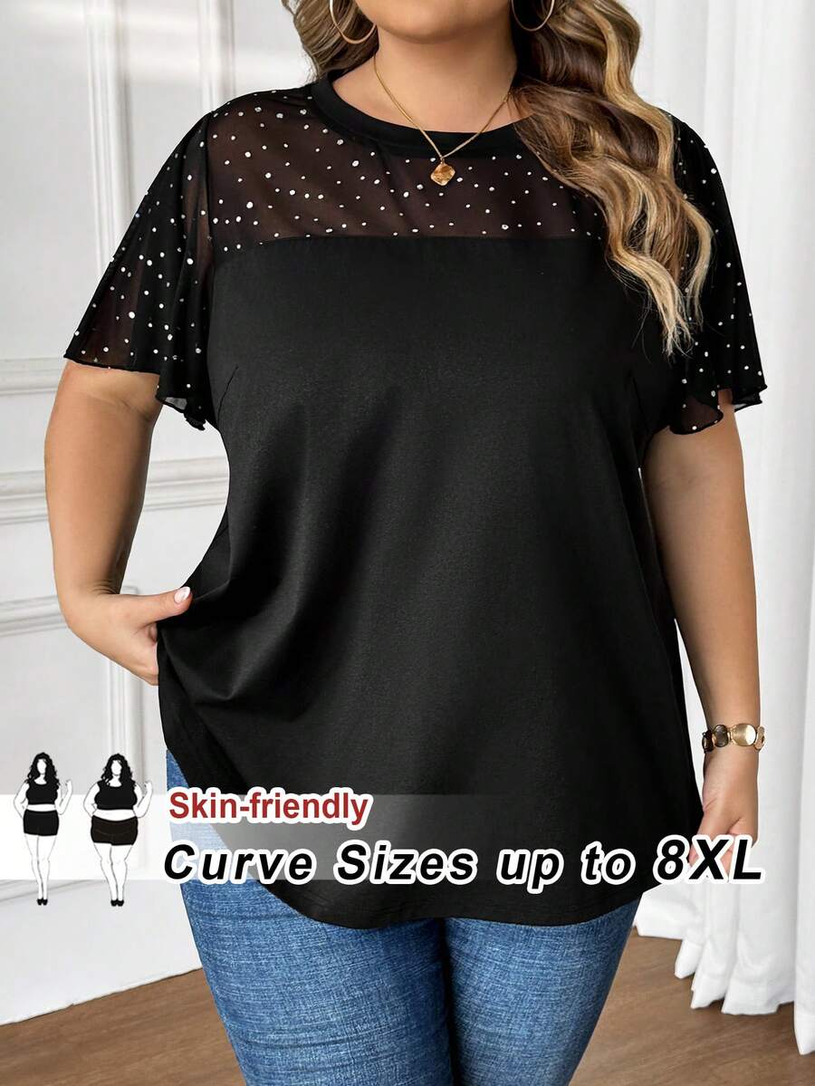SHEIN CURVE+ Áo thun nữ cỡ lớn thời trang đi làm, phối sequin và lưới