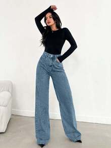 SHEIN Women's Casual High Waist Slant Pocket Straight Leg Jeans - Light Wash - View 6