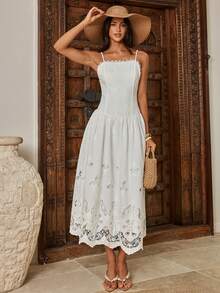 Enchnt Women's White Summer Tropical Garden Party Holiday Vacation Hollow Embroidery Spaghetti Strap Backless Maxi Dress,Elegant Wedding Guest Beach Outfits - White - View 3
