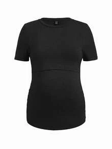 Modmama Camiseta de manga corta de unicolor minimalista y casual para lactancia materna - Verde militar - Ver 8