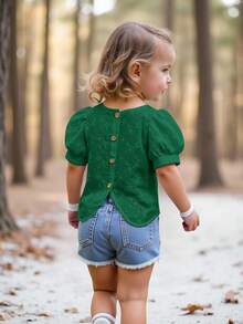 Emery Rose Kids Emery Rose Kids 女婴休闲简约舒适圆领泡泡袖镂空刺绣上衣，适合日常穿着和开学季 - 綠色 - 查看 3