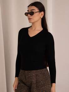 Andrea Bello 商务休闲V领长袖套头衫 秋冬 - 黑色 - 查看 3