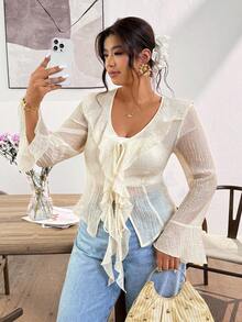 Lounesse 大码女式纯色喇叭袖荷叶边前系带时尚衬衫 - 杏色 - 查看 1