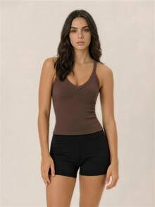 Anewsta 女士运动风V领修身吊带背心 - 咖啡棕 - 查看 6