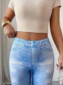 Elenzga Women's Blue Denim Print Fabric High-End Design Slim Fit Leggings, Elegant And Sophisticated, Suitable For Valentine's Day, Easter, Labor Day, Birthday Gifts, Dates, Parties, Formal Occasions, Teacher Outfits, Travel, Street Style, Spring/Summer Bottoms, Spring New Essential Fashion Item, Niche Design, Versatile Slim Fit Leggings - Blue - View 6