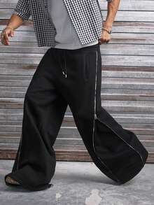 AXEPEAK Celana Jogging Kasual Sehari-hari dengan Tali Serut Longgar dan Motif Patchwork. - Hitam - View 1