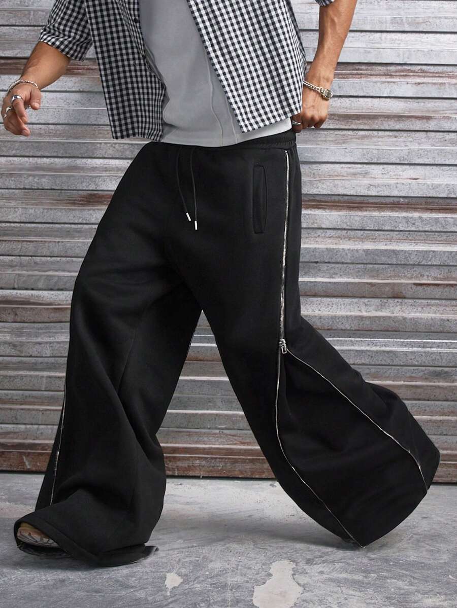 AXEPEAK Celana Jogging Kasual Sehari-hari dengan Tali Serut Longgar dan Motif Patchwork. - Hitam - View 1
