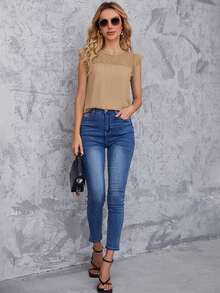 SHEIN Clasi 女士时尚休闲网纱拼接短袖衬衫 - 駝色 - 查看 5