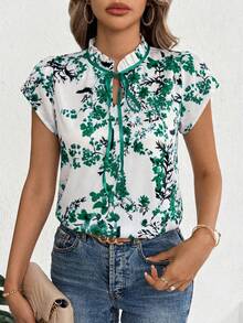 SHEIN Clasi 女士碎花荷叶边系带衬衫 - 綠色 - 查看 6
