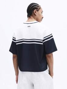 SUMWON Áo thun ngắn tay cổ tròn kẻ sọc ngang màu xanh navy trắng, dáng regular fit, thích hợp cho mùa hè xuân, dành cho nam. - Xanh đậm - Xem 2