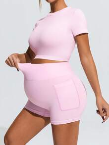 SHEIN Maternity Solid Color Round Neck Short Sleeve T-Shirt And Pocket Shorts Sports Suit,Word Cup - Pink - View 9