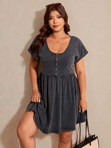 Elaquor Plus Size Women Casual Washed Short Sleeve Dress, Spring/Summer Casual Vacation Dress For Women, Summer Dresses - Black - View 3