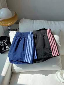 SHEIN EZwear 2条装女士弹力腰带条纹宽松休闲运动短裤，适合日常街头穿搭，夏季百搭 - 彩色 - 查看 6