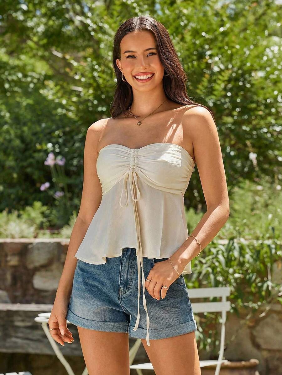 KARISMINA 女士优雅浪漫度假风抽绳抹胸上衣，春夏款 - 米色 - 查看 1