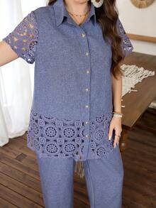 Lacomfia Ensemble 2 pièces grande taille couleur unie manches courtes patchwork dentelle décontracté femme été - Bleu azur - Voir 4