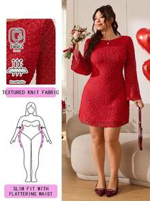 SHEIN EZwear Vestido mini de línea A con cintura ceñida, mangas largas acampanadas, espalda abierta, textura de punto elástico para uso casual, salidas, uso diario, fiestas, citas, cumpleaños, temporada de bodas del Día de San Valentín, primavera y verano 2026, talla grande, color rojo - Rojo - Ver 6