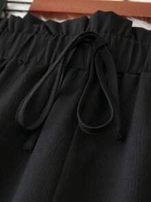 SHEIN Tall CURVE 大码女式纯色荷叶边系带阔腿宽松休闲裤 - 黑色 - 查看 3