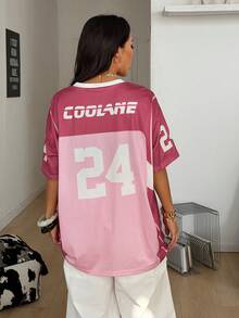 Coolane Áo thun nữ mùa xuân hè phong cách vintage streetwear thể thao rằn ri in số kiểu áo bóng chày - Màu Hồng baby - Xem 2