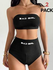 Coolane 女士夏季街头服饰黑色上学辣妹运动基本款弹力黑色修身高腰弹力毛衣黑色短裤 2 件套/两件套，狂野装扮 - 黑色 - 查看 6