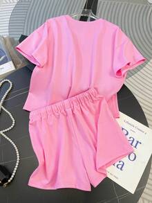 Resyla Ensemble 2 pièces T-shirt et short décontracté unicolore pour femmes - Rose bonbon - Voir 2