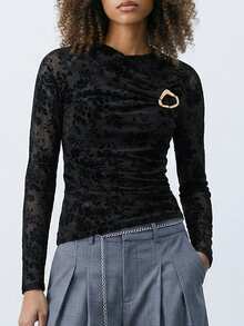 Maija Women's Elegant Black Floral Lace Patchwork Ruffle Metal Decor Long Sleeve T-Shirt,Autumn Party Night Casual Versatile See Through Mesh Top - Black - View 5