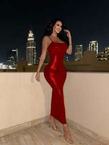 Allurite 修身吊带长裙女装 - 酒紅色 - 查看 4