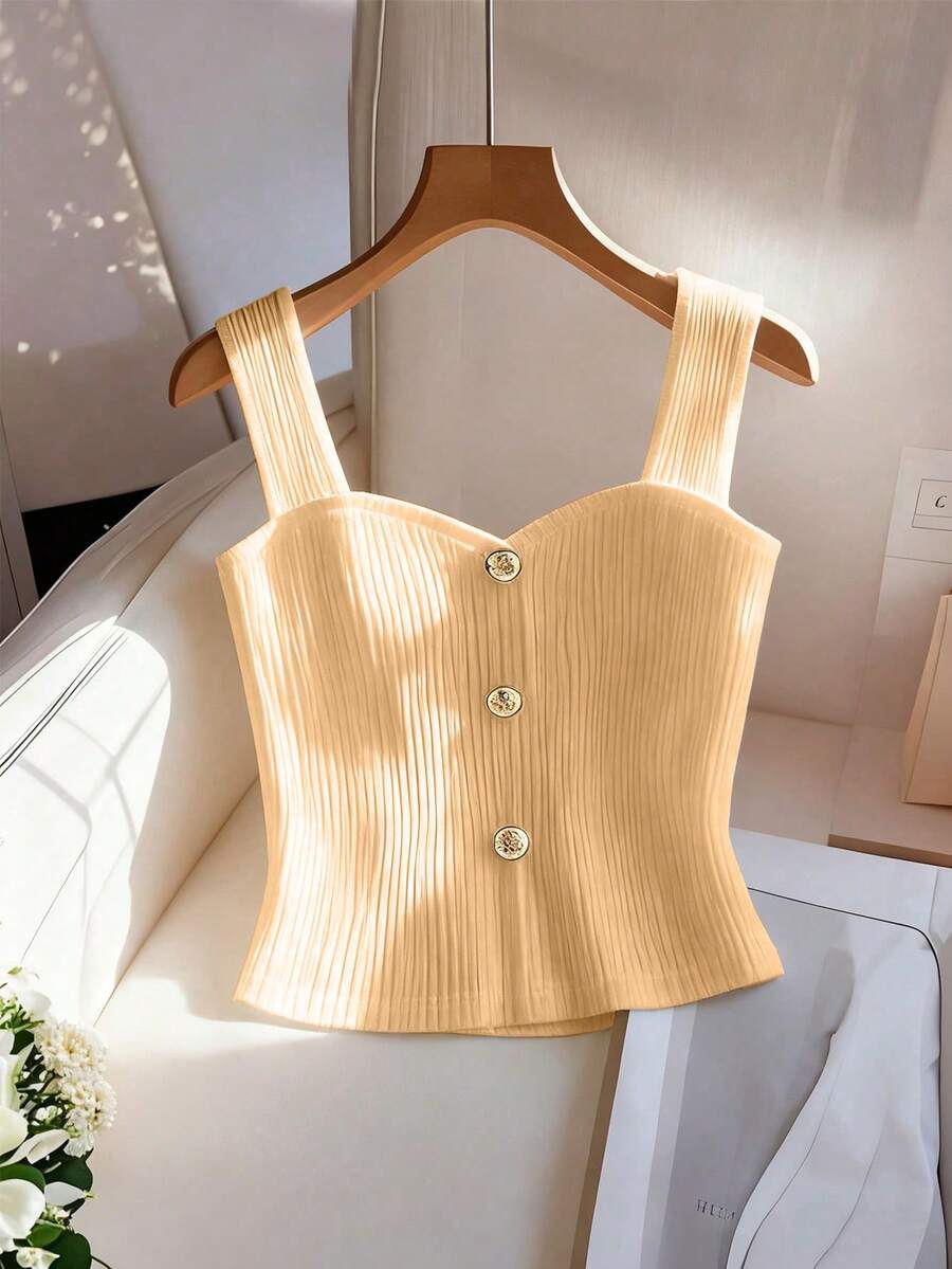 Franclia Áo tank top không tay màu trắng thanh lịch kiểu Pháp, cài nút trang trí, dành cho nữ, thích hợp cho mùa xuân/hè. - Màu be - Xem 1