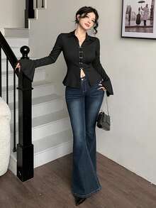 Modelyn Black Knit Ruffle Long Sleeve Shirt With Circular Decor, & Elegant Solid Color,Autumn,Seksi Chic,Club Classy Women Tops For Outings And Dates - Black - View 4
