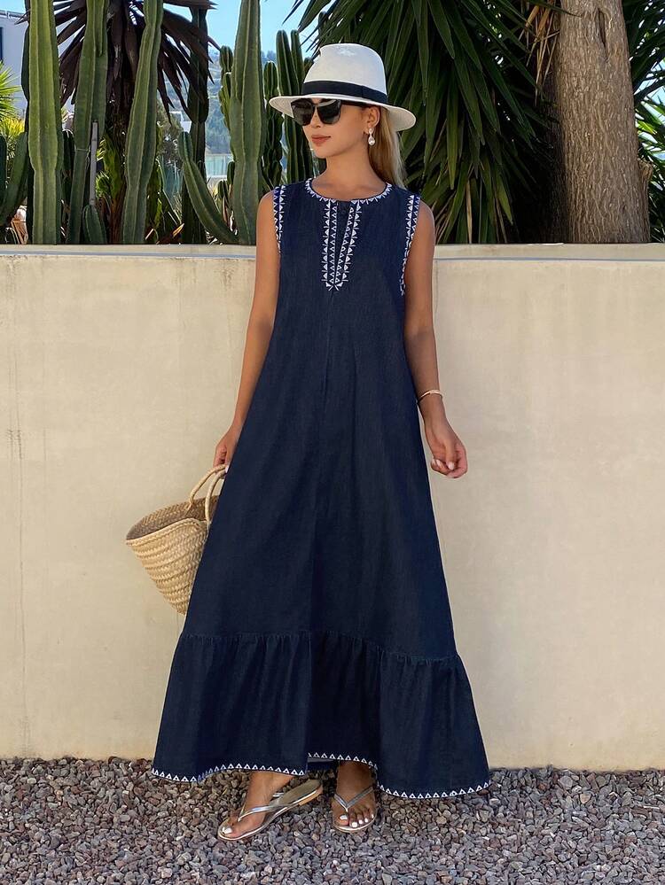 Women's Summer Fashion Loose Embroidered Ruffle Hem Sleeveless Denim Dress