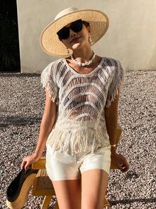 DAZY Women's Crochet Hollow Out Bohemian Style Boho Cover Up Cover Up For Summer Vacation Beach White Sequin - Beige - View 4