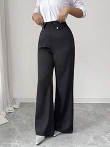 Modelyn Women's Casual Office Golf Commute Solid Color Rhinestone Decor Foldover Waist Flare Pants Pastal Autumn - Black - View 6
