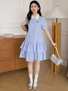 条纹短袖连衣裙，适合青少年女孩，撞色荷叶领花瓣袖印花连衣裙，适合上学、户外活动和购物。 - 藍色 - 查看 3