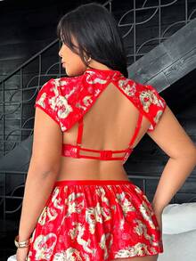 Fantasy Costume Fantasy Costume 6件套经典中国风龙纹印花钢圈上衣、A字裙、渔网袜大码内衣套装 - 紅色 - 查看 7