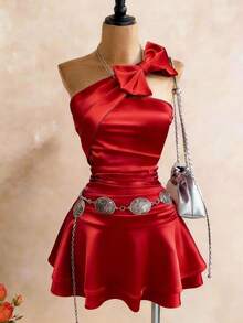 Franclia 女士复古优雅高端约会情人节音乐节派对红色缎面蝴蝶结肩部褶皱腰部多层下摆连衣裙（不含腰带） - 紅色 - 查看 5