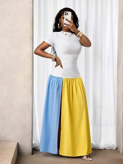 BamGleam Women's Summer Vacation Contrast Color High Slit Sleeveless Dress