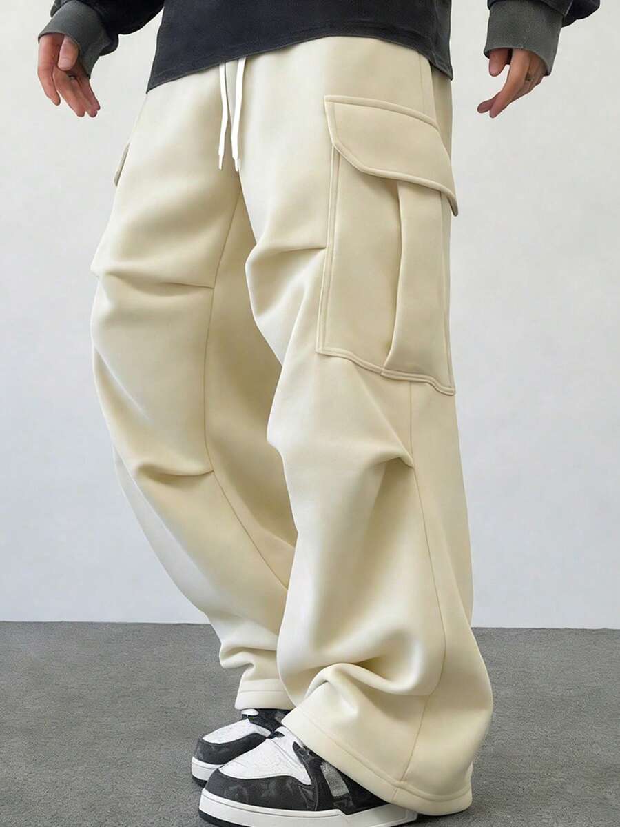 Claim Dot Quần thể thao nam thường ngày, phong cách đường phố tối giản, màu trơn, có dây rút ở eo và túi nắp. - Màu be - Xem 1