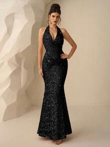 Coutiva Vestido elegante de manga larga con lentejuelas, vestido de gala de alta gama - Negro - Ver 8
