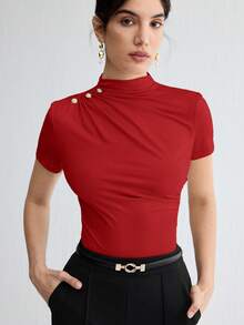 BizChic Áo thun ôm dáng màu đỏ, vai nhún, đính cúc kim loại, đa năng cho mùa xuân/hè, phù hợp cho Lễ Phục Sinh, Ngày Thánh Patrick, đi làm, mặc hàng ngày, phong cách thường ngày, lãng mạn, retro thập niên 90, dự tiệc, đi biển, lễ tốt nghiệp, kỳ nghỉ, dự đám cưới, ăn sáng muộn, ở sân bay. - Đỏ - Xem 6