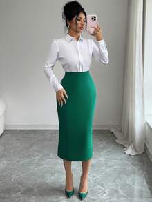 Elenzga Women's Elegant Fitted Pleated Pencil Skirt - Dark Green - View 4