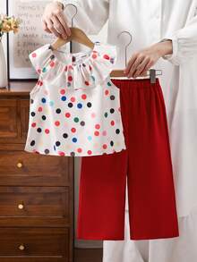 Emery Rose Kids Bộ đồ mùa hè cho bé gái, họa tiết chấm bi, kiểu dáng thường ngày, gồm áo và quần xếp ly. - Màu Đỏ Sâu - Xem 11