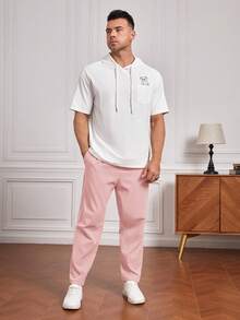 EASEVO Plus Size Men's Casual Everyday Commute Solid Color Drawstring Waist Slant Pocket Long Pants - Pink - View 3