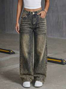 SHEIN ICON Women's High Waist Pockets Wide Leg Loose Casual Versatile Jeans - Dark Wash - View 5