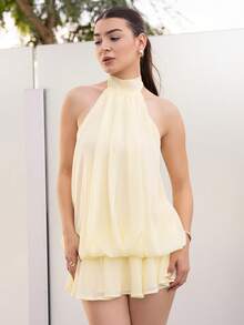Andrea Bello Elegantes hellgelbes Neckholder-Mini-Kleid für Damen, geeignet für Party, Date, Herbst/Winter, Frühling/Sommer, gelbes sexy Sommerkleid, fließendes kurzes Kleid mit offenem Rücken, Sommerkleid, Geburtstagskleid, Kleider für Damen, elegant, Neujahrskleid, elegante Partykleider, für große Frauen - Hellgelb - Übersicht 6